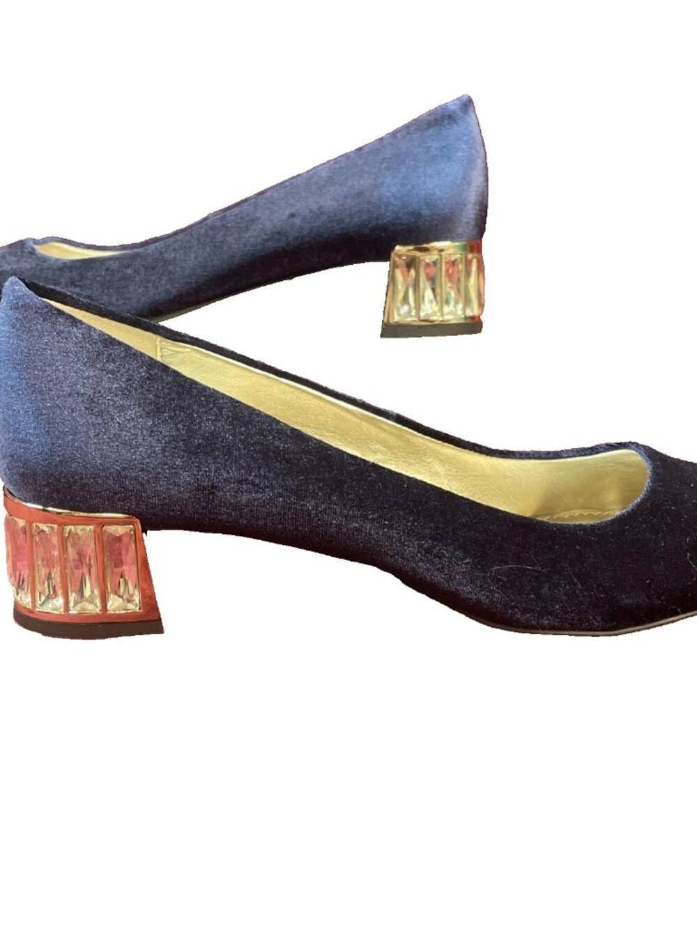 Elegant Anne Klein black velvet pumps w/crystal accents on block heels 7.5B